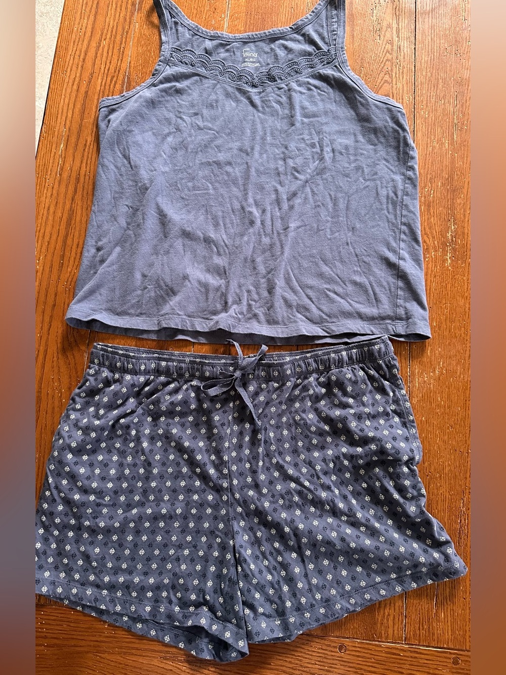Felina Cotton Navy Blue Lace-Trim Pajama Tank & Printed Shorts Set XL